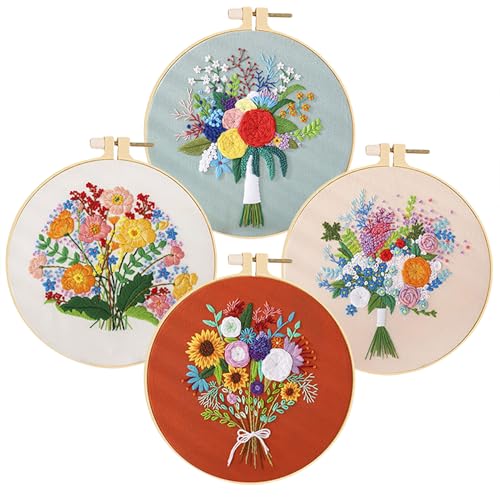 Huacan Stickerei Set für Anfänger Adults 4 Stück Diy Stickset Blumen Muster Pflanzen Kreuzstich Set Kunst Handwerk Geschenk 20 x 20 cm von Huacan