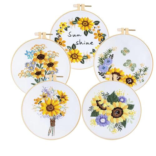Huacan Stickerei Set für Anfänger Adults 5 Stück Diy Stickset Blumen Muster Pflanzen Kreuzstich Set Kunst Handwerk Geschenk 20 x 20 cm von Huacan
