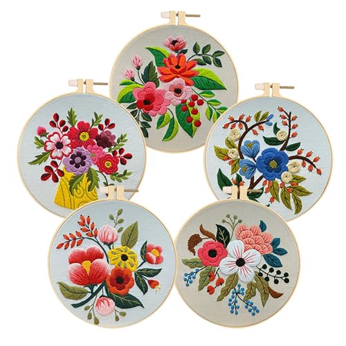 Huacan Stickerei Set für Anfänger Adults 5 Stück Diy Vorgedruckt Blumen Muster Stickset Kreuzstich Set Kunst Handwerk Geschenk 20 x 20 cm von Huacan