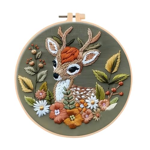 Huacan Stickset für Anfänger und Erwachsene, enthält geprägtes Blumenmuster, Reifen, Farbfäden, Werkzeuge, leicht verständliche Anleitung (Hirsch) von Huacan