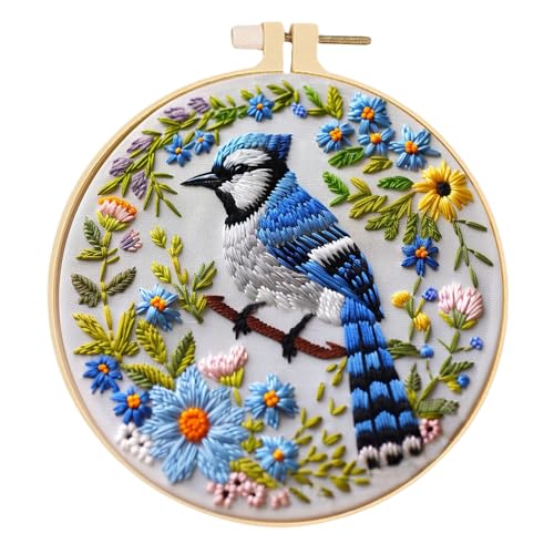 Huacan Stickset für Anfänger und Erwachsene, inklusive geprägtem Blumenmuster, Reifen, Farbfäden, Werkzeug, leicht verständliche Anleitung (blau) von Huacan
