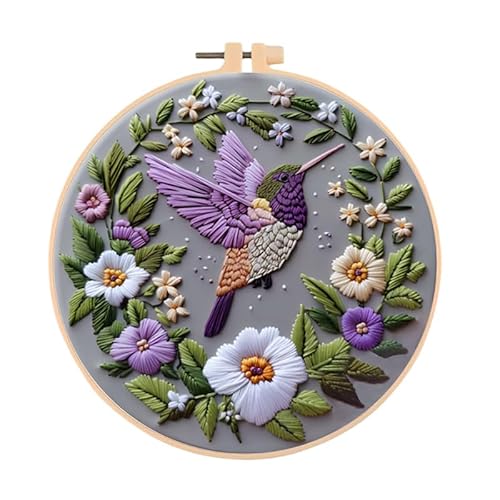 Huacan Stickset für Anfänger und Erwachsene, inklusive geprägtem Blumenmuster, Reifen, Farbfäden, Werkzeug, leicht verständliche Anleitung (lila) von Huacan
