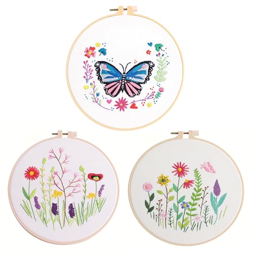 Huacan Stickset für Erwachsene und Anfänger, 3-teilig, geprägte Blumen, Schmetterlingsmuster, Nähset, 20 x 20 cm Huacan Stickset für Erwachsene und Anfänger, 3-teilig, geprägte Blumen, Schmetterlingsmuster, Nähset, 20 x 20 cm von Huacan