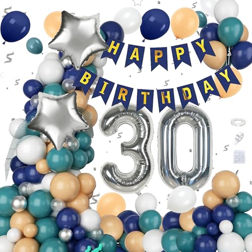 Huacici 30. Geburtstagsdeko Männer Frauen, Blau Weiß 30 Jahre Geburtstag Deko mit Folienballon Nummer 30, Happy Birthday Girlande Banner, Geburtstagsparty Supplies Set von Huacici