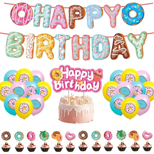 Huacici Kindergeburtstag Deko Set, Krapfen Thema Geburtstagsdeko mit 'Happy Birthday' Bannner, Bunte Ballons, Cake Toppers, Party Dekorationen für Mädchen Kinder von Huacici