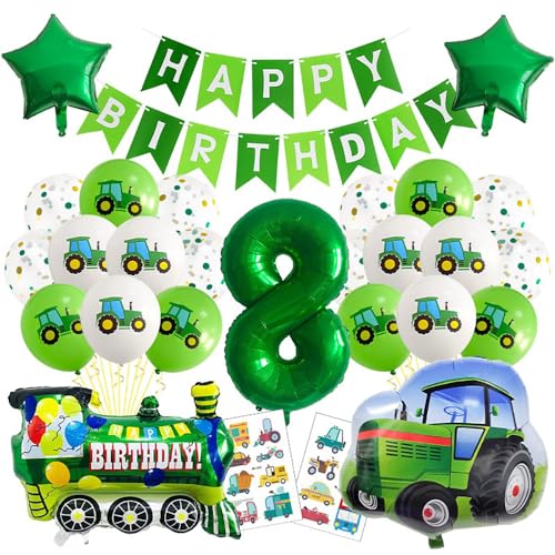 Huacici Traktor Geburtstag Deko für 8 Jahre, 8. Geburtstag Luftballon Deko Set mit 'Happy Birthday' Bannner, Grün Ballon Nummer 8, Kindergeburtstag Party Deko für Jungen von Huacici