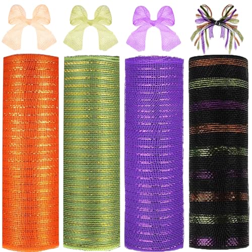 4 Rollen Halloween-Poly-Mesh-Band, 25,4 cm x 9,2 m, metallisches Poly-Mesh-Band, grün, lila und schwarz, Glitzerfolie, dekorative Netzrollen für DIY-Kranz, Basteln, Party-Dekoration 4 Rollen Halloween-Poly-Mesh-Band, 25,4 cm x 9,2 m, metallisches Poly-Mesh-Band, grün, lila und schwarz, Glitzerfolie, dekorative Netzrollen für DIY-Kranz, Basteln, Party-Dekoration von Huaerle