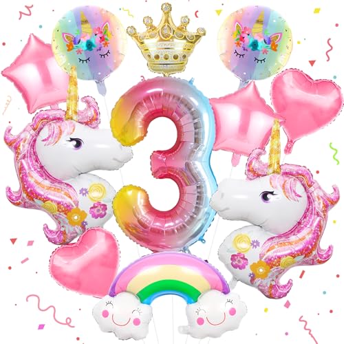 12 Stück Rosa Luftballon Einhorn Geburtstagsdeko 3 Jahre Mädchen Runde Folienballon Einhorn Kindergeburtstag Party Deko Mit Krone/Regenbogen/Stern/Herz/Band/Zahl Für Einhorn Thema Festival Party von Huahuanghui