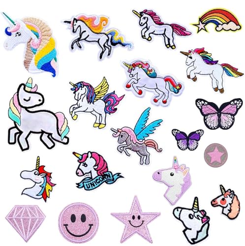 Einhorn Bügelbilder, 20 Stück Patch Sticker Kleidung Set, Flicken zum Aufbügeln,Einhorn Bügelbild Glitzer, Applikation Flicken Zum Aufbügeln, Aufbügelflicken Einhorn für DIY T-Shirt, Bügelpatch von Huahuanghui