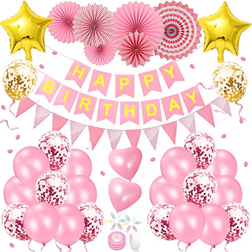Geburtstagsdeko Party Deko,50 teiliges Geburtstag Dekoration Set, Geburtstag Luftballons rosa,Hängende Papierfächer Blume Set,Geburtstagsdeko kinder, Happy Birthday Banner von Huahuanghui