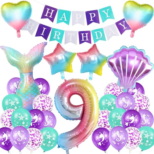 Meerjungfrau Geburtstag Deko 9 Jahre,XXL Regenbogen Zahlen 9 Folien Luftballon,Meerjungfrauen Luftballon 9 Jahre,Geburtstagsdeko Mädchen,Meerjungfrauen Thema Party Set von Huahuanghui