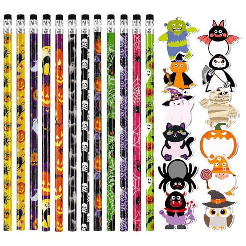 Halloween Bleistift Set,12 Halloween-Bleistift mit Radiergummi (12 Designs) + 12 Halloween Haftnotizen,Halloween Schreibwaren Sets für Kinder,Halloween Geschenk Schulbüro Familie Partytüte Füller von Huahuanghui