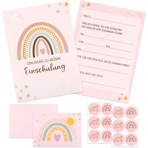Huahuanghui 12× Einladung Einschulung Mädchen, Einladung Schulanfang Mädchen mit Umschläge, Regenbogen Herzform Motiven, Einladungen zum Schulanfang, Einladungskarten zur Einschulung für Kinder von Huahuanghui