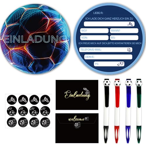 Huahuanghui 12x Fussball Einladungskarten, mit Stiften, Umschlägen und Aufklebern, Einladungskarten Kindergeburtstag Fußball, Einladung Fussball Kinder, Fussball Deko Geburtstag Kinder von Huahuanghui