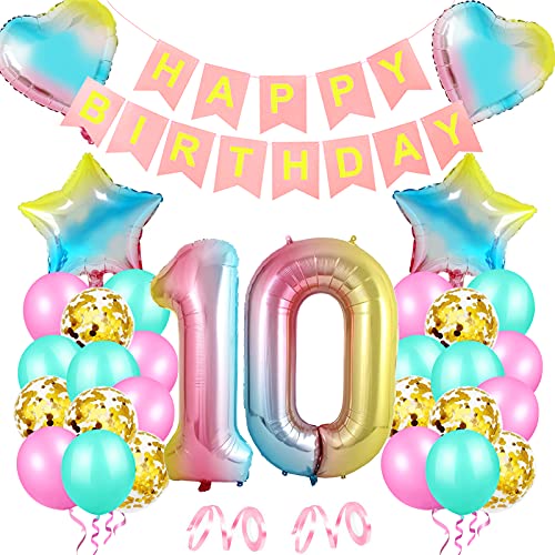 Luftballon 10 Geburtstag Bunte, Kindergeburtstag Deko balloon Set, Happy Birthday Banner Luftballons, Geburtstagsdeko 10 Jahr Mädchen, Bunt Folienzahlen Ballons 10, Deko für Mädchen Junge Regenbogen von Huahuanghui