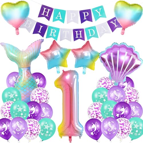 Meerjungfrau Geburtstag Deko 1 Jahre,XXL Regenbogen Zahlen 1 Folien Luftballon,Meerjungfrauen Luftballon 1 Jahre,Geburtstagsdeko Mädchen,Meerjungfrauen Thema Party Set von Huahuanghui