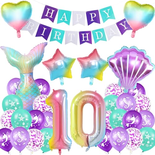 Meerjungfrau Geburtstag Deko 10 Jahre,XXL Regenbogen Zahlen 10 Folien Luftballon,Meerjungfrauen Luftballon 10 Jahre,Geburtstagsdeko Mädchen,Meerjungfrauen Thema Party Set von Huahuanghui