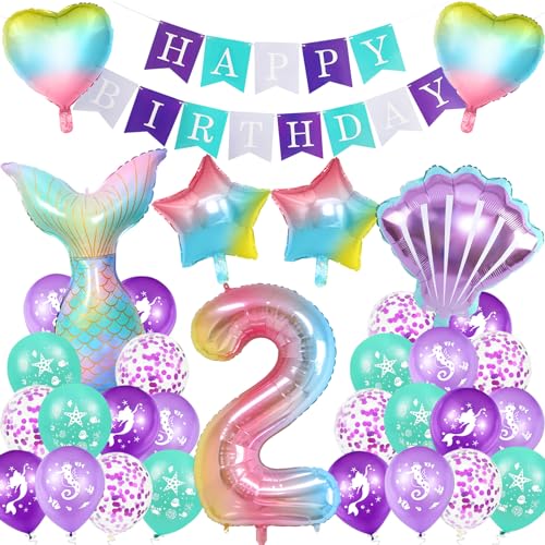 Meerjungfrau Geburtstag Deko 2 Jahre,XXL Regenbogen Zahlen 2 Folien Luftballon,Meerjungfrauen Luftballon 2 Jahre,Geburtstagsdeko Mädchen,Meerjungfrauen Thema Party Set von Huahuanghui