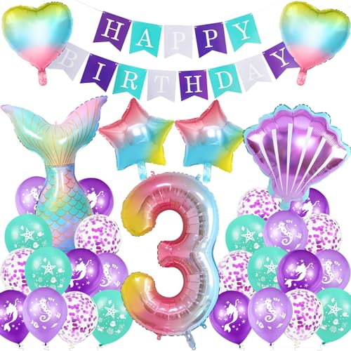 Meerjungfrau Geburtstag Deko 3 Jahre,XXL Regenbogen Zahlen 3 Folien Luftballon,Meerjungfrauen Luftballon 3 Jahre,Geburtstagsdeko Mädchen,Meerjungfrauen Thema Party Set von Huahuanghui