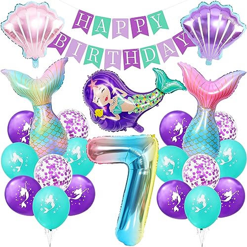 Meerjungfrau Luftballon, Meerjungfrau Geburtstag Deko 7 Jahre,Kindergeburtstag Luftballon Mädchen,Meerjungfrauen Thema Party Set mit Folienballon,Happy Birthday Banner von Huahuanghui