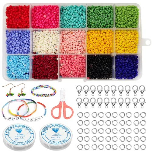 7500 Stück Glasperlen zum Auffädeln,3mm 15 Farben Perlen mit 15-Gitter Aufbewahrungsbox,Perlen zum Auffädeln,mit Elastischen Schnur Schnüre,Schere,und Zubehör, für Armbänder Schmuck von Huahuanghui