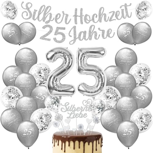 Silberhochzeit Deko, 25 Jahre Silberhochzeit luftballons set, 25. Silberhochzeit Luftballons, Silberne Hochzeitsbanner, Tortendeko Silberhochzeit, für Silberne Hochzeit Feier Jubiläum Deko Silberhochzeit Deko, 25 Jahre Silberhochzeit luftballons set, 25. Silberhochzeit Luftballons, Silberne Hochzeitsbanner, Tortendeko Silberhochzeit, für Silberne Hochzeit Feier Jubiläum Deko von Huahuanghui