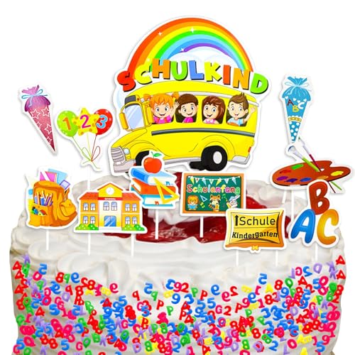 Tortendeko Einschulung,Kuchen Deko,Schulanfang Tortendeko,Cupcake Topper,Gold Gratulation Girlande,Herzlichen Glückwunsch Dekoration,Essbare Numerisch und Buchstaben für Torte (Farbe-a) von Huahuanghui