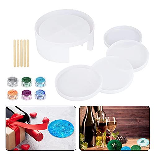 Untersetzerform Epoxidharz Formen, 4 Stück Runde Untersetzer Gussform, Untersetzer Silikonformen Epoxidharz Set, DIY Set Kunstharz Gießen mit Untersetzer Halter,DIY Untersetzer Silikon Formen Rund von Huahuanghui