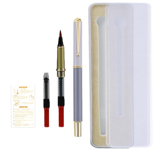 Huakaile Tragbarer Taschen-Füllfederhalter aus Metall mit Etui, nachfüllbar, flexible Pinselspitze, Kalligraphie-Stift (1 grauer Stift, 1 Stiftspitze, 3 Tintenkonverter) von Huakaile