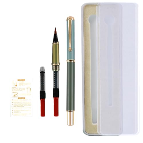 Huakaile Tragbarer Taschen-Füllfederhalter aus Metall mit Etui, nachfüllbar, flexible Pinselspitze, Kalligraphie-Stift (1 grüner Stift, 1 Stiftspitze, 3 Tintenkonverter) von Huakaile