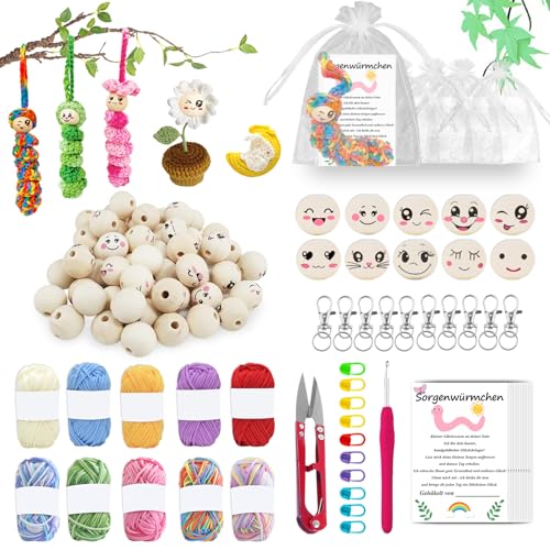 102 Stück Sorgenwürmchen Häkeln Set, 50 Holzkugeln mit Gesicht, Glückswürmchen, Ausgestattet mit Garn, Schlüsselanhänger, Stricknadel, Karte, Mullbeutel, Sorgenwürmchen Häkeln set für Anfänger 102 Stück Sorgenwürmchen Häkeln Set, 50 Holzkugeln mit Gesicht, Glückswürmchen, Ausgestattet mit Garn, Schlüsselanhänger, Stricknadel, Karte, Mullbeutel, Sorgenwürmchen Häkeln set für Anfänger von Huamirra