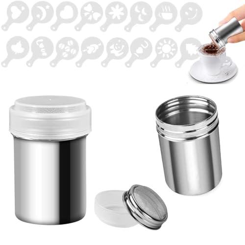 Huamirra Edelstahl Pulverstreuer, 2 Stück Schokoladenstreuer, 16 Kaffeevorlagen Set, für Sirup, Sahne, Puderzucker, Kakao, Cappuccino, für Küche, Getränke, Backen,Bagger, Power Dose zum Backen Huamirra Edelstahl Pulverstreuer, 2 Stück Schokoladenstreuer, 16 Kaffeevorlagen Set, für Sirup, Sahne, Puderzucker, Kakao, Cappuccino, für Küche, Getränke, Backen,Bagger, Power Dose zum Backen von Huamirra