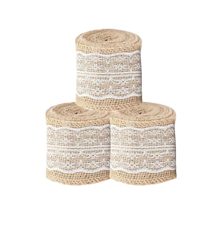 3 Rollen Sackleinenband mit Spitze, 2 m natürliche Jute-Bordüre, Bastelband, für DIY, Basteln, Nähen, Geschenkverpackungen von HuangguiyuanV