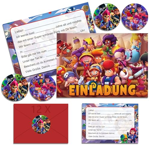 Huangzd 12x Braw Stas Einladungskarten Kindergeburtstag Junge mit Umschlag Deutsch, Braw Stas Geburtstagseinladungen Jungen, Cartoon Einladungskarten Geburtstag Set für Themed Party (A6) (A) von Huangzd