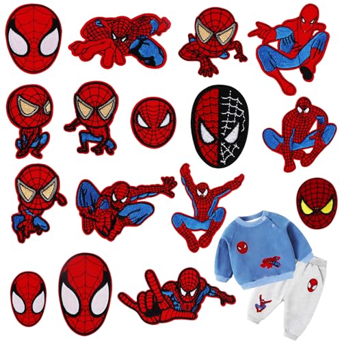 Spider-man Aufnäher Patches, 16 Stück Knie Flicken Aufbügeln, Patches zum Aufbügeln Patches Kinder für DIY T-shirt Jeans Rucksäcke Hut Segeltuchschuhe Aufbügler von Huanmin