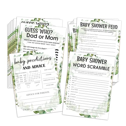 Huastatewolf Babyparty-Spiele Set, Baby-Vorhersagen, Ratet mal wer Papa oder Mama, Baby Shower Feud Spiel, 4 Baby Spiele für 25 Gäste, Mädchen Junge Eukalyptus Baby Shower Dekorationen, 002 Huastatewolf Babyparty-Spiele Set, Baby-Vorhersagen, Ratet mal wer Papa oder Mama, Baby Shower Feud Spiel, 4 Baby Spiele für 25 Gäste, Mädchen Junge Eukalyptus Baby Shower Dekorationen, 002 von Huastatewolf