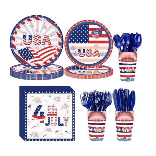 Patriotisches Geschirr-Set mit amerikanischer Flagge, patriotisches Partyzubehör, Geschirr-Set | 4. Juli Partybesteck mit amerikanischer Flagge - Patriotisches Partyzubehör: Pappteller, von Huaxingda