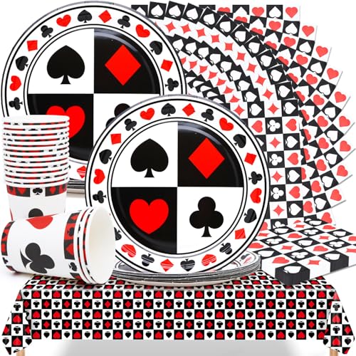 Huaxintoys 53 Stück Casino Party Geschirr Set, Casino Geburtstag Geschirr Kit mit Teller, Pappbecher, Servietten und Tischdecke, Las Vegas Casino Thema Geburtstagsfeier (16 Gäste) von Huaxintoys