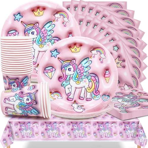 61 Stück Einhorn Party Geschirr Set, Huaxintoys Einhorn Geburtstag Geschirr Kit für Geburtstagsfeier, Hochzeiten, Jubiläen mit Teller, Pappbecher, Servietten und Tischdecke (20 Gäste) von Huaxintoys
