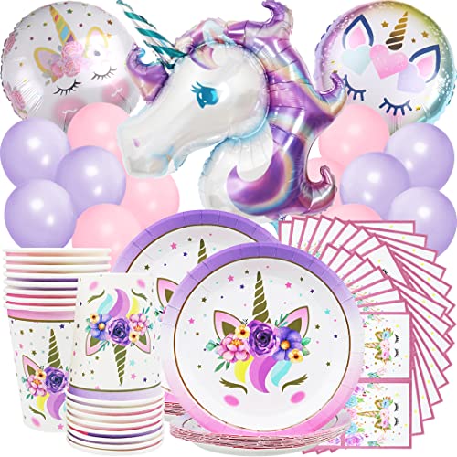 71 Stück Einhorn Party Geschirr Set, Einhorn Geburtstag Geschirr Kit für Geburtstagsfeier, Hochzeiten, Jubiläen mit Teller, Pappbecher, Servietten und Luftballons (16 Gäste) von Huaxintoys