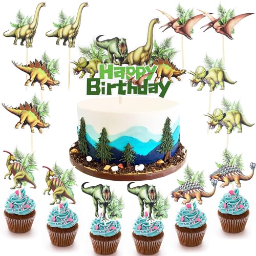 Dinosaurier Tortendeko Cake Topper, Dinosaurier Thema Cupcake Toppers, Kuchendekoration für Dinosaurier, Happy Birthday Kuchen Dekoration Jura Dino Partei Liefert (15 Stück) von Huaxintoys