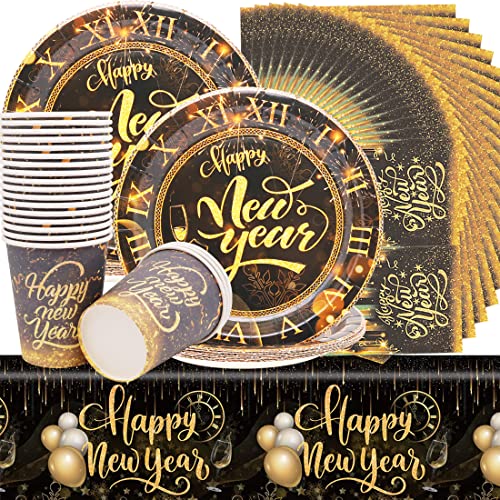 Happy New Year Schwarzes Gold Partygeschirr,Partyzubehör Pappteller Set Einschließlich 1 Tischdecke, 20 Dessertteller, 20 Becher und 20 Servietten für Silvesterparty Neujahr Partys von Huaxintoys
