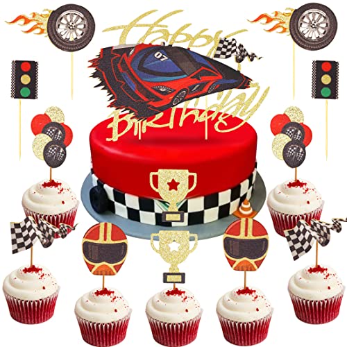 Huaxintoys 13 Stück Rennwagen Tortendeko Geburtstag, Happy Birthday Tortendeko, Auto Kuchen Tortenaufleger, Rennwagen Kuchen Topper mit Checkered Racing Flagge Geburtstag Dekoration von Huaxintoys