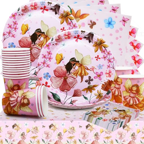 Huaxintoys 53 Stück Fee Partygeschirr, Flower Fairy Partygeschirr, Schmetterling Feen Geburtstag Deko, Mädchen Geburtstag Party steller,Tassen,Servietten,Tischdecke für Kindergeburtstag Party Deko von Huaxintoys