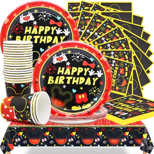 Huaxintoys 61 Stück Mouse Party Geschirr Set, Micky Geburtstag Geschirr Kit für Geburtstagsfeier, Hochzeiten, Jubiläen mit Teller, Pappbecher, Servietten und Tischdecke (20 Gäste) von Huaxintoys