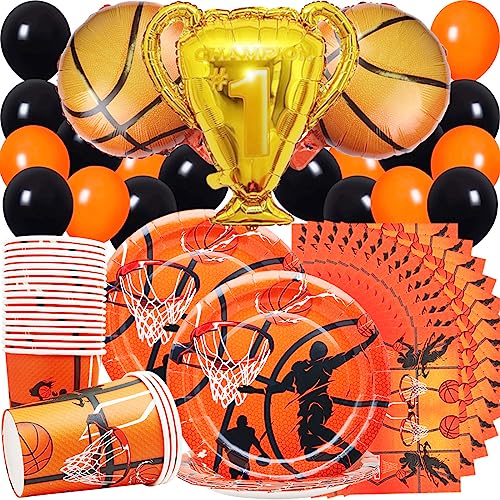 Huaxintoys Basketball Geburtstag Partygeschirr-Dessertteller,Becher,Serviette,Latexballon,Basketball Folienballons und Trophäe Folienballons für Basketball Sportthemen Geburtstagsdekorationen(83pcs) von Huaxintoys