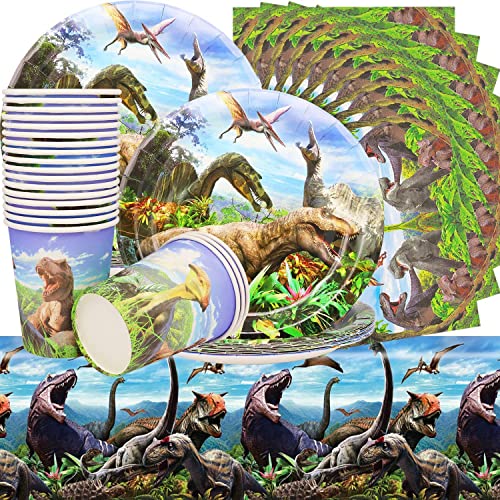 Huaxintoys Dinosaurier Partyzubehör Set - Geschirr für Dinosaurier-Partys für Kinder Jungen Geburtstag Enthält 20 Mittagsmahlzeit Dessertteller, 20 Servietten, 20 Papierbecher and 1 Tischdecke von Huaxintoys