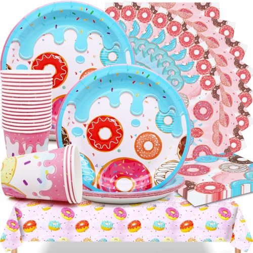 Huaxintoys Donut Partygeschirr Set, 61 Stück Partygeschirr Kindergeburtstag, Donut Geburtstag Pappteller, Tischdecke, Servietten, für Kindergeburtstag Party Dekoration Geburtstags Deko (A1) von Huaxintoys