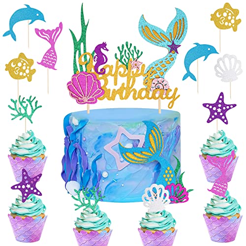 Huaxintoys Glitzer Meerjungfrauen Cake Topper, Sea Birthday Cake Cupcake Topper, Meerestiere Cake Dekoration für Mädchen Dem Ocean World Thema Geburtstag Baby Shower Party Supplies (14 Stück) von Huaxintoys