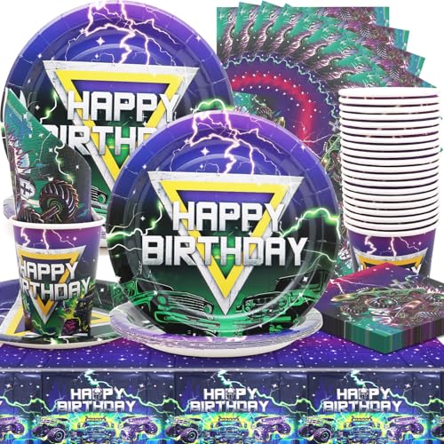 Huaxintoys Monster Truck Geburtstag Partyzubehör, Autos Geburtstag Party Set Teller Becher Servietten Tischdecken Partei Dekorationen für Kinder (61 Stück) von Huaxintoys